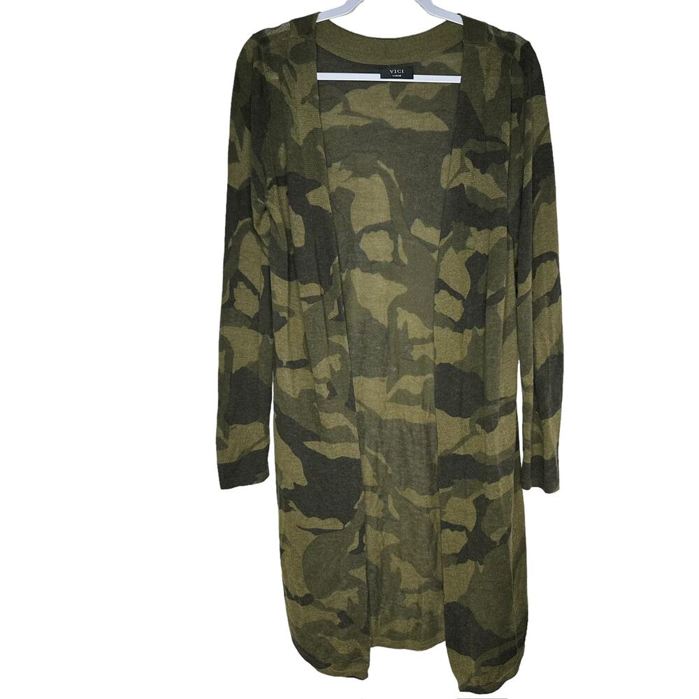 VICI Women's Green Camo Open Front Wool Blend Long Cardigan Duster Size Large